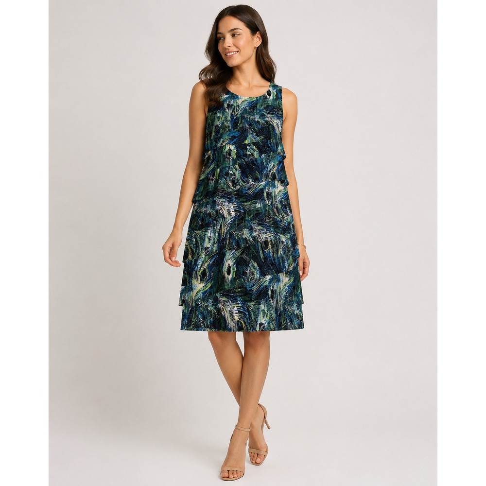Connected Apparel Peacock Feather Tiered Pleated Sheath Dress Blue Green Size 12